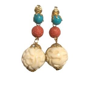 Boho Earrings Clip-On 2" Drop Carved Beads Vintage Made In Hong Kong